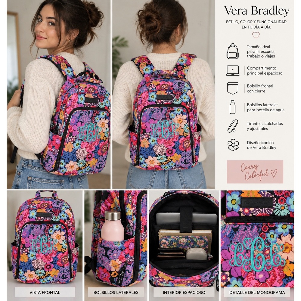 Vera Bradley Quilted Floral Laptop Backpack Multi-Color Monogrammed